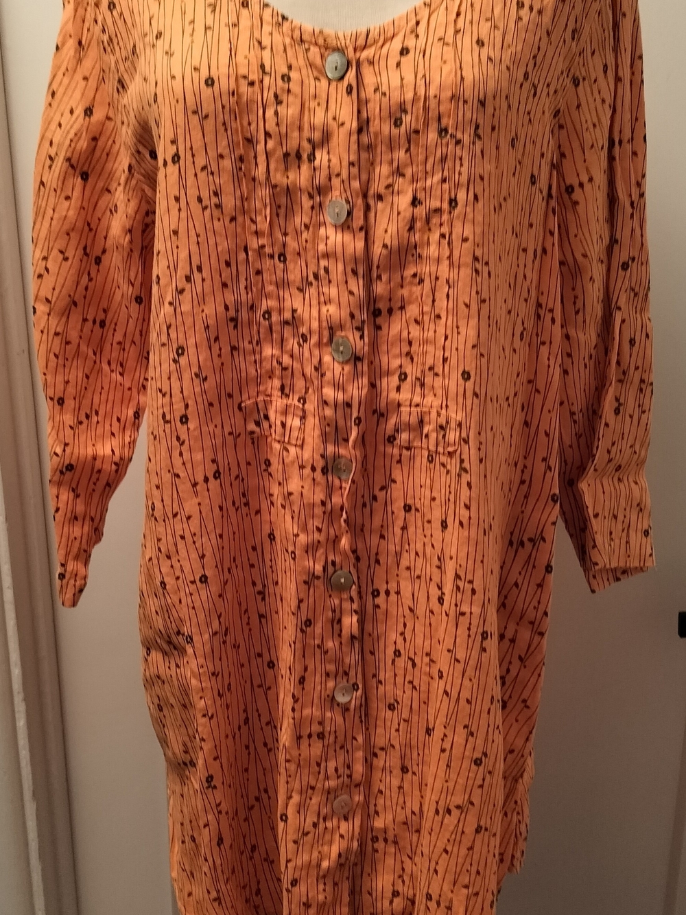 Button-Front Orange Cotton Tunic with Delicate Black Dot & Line Pattern Size M
